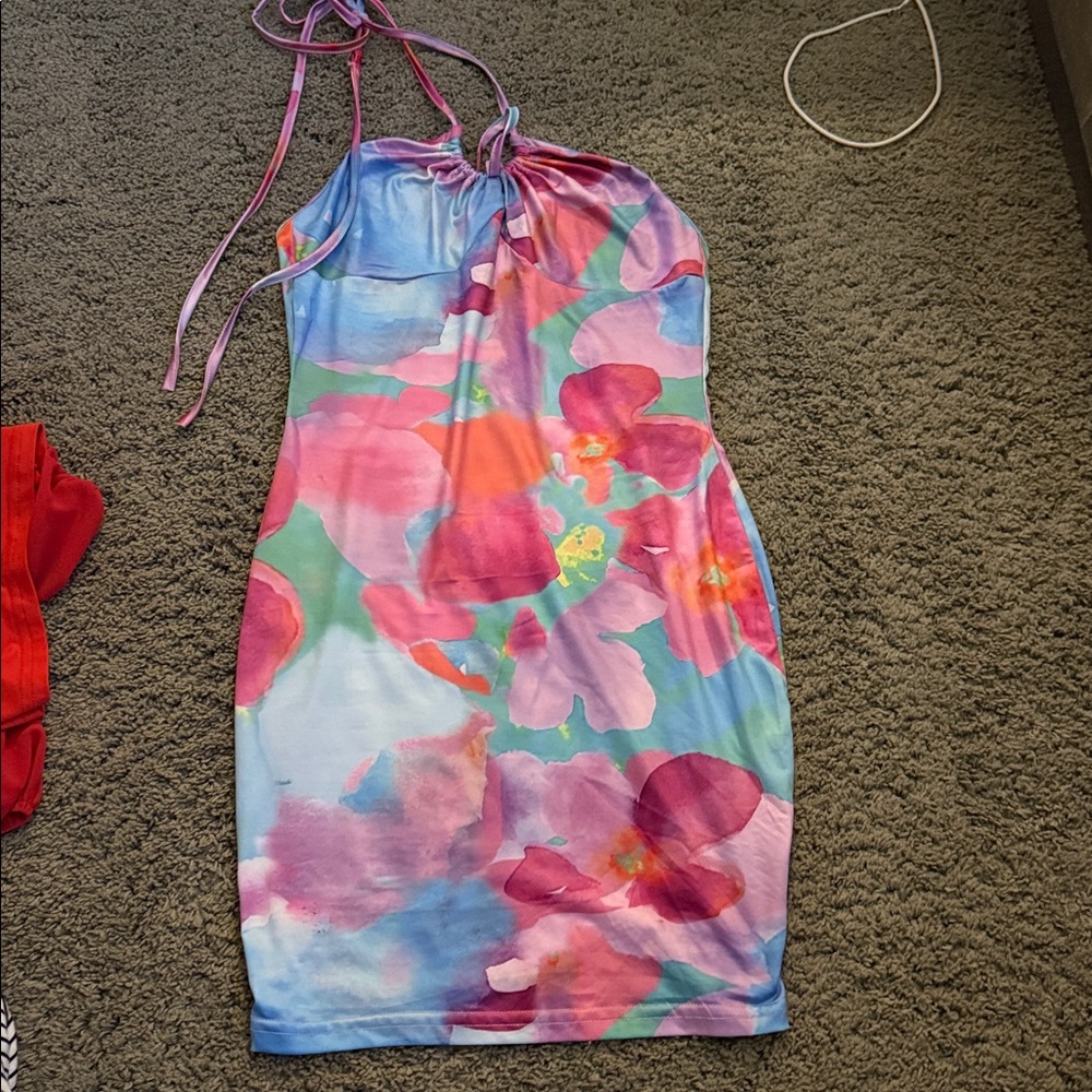 Floral Halter Dress with Pink and Blue Tones
